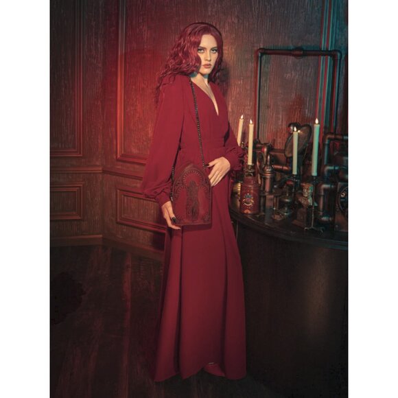 La Femme En Noir Women's M Belladonna Maxi Dress Gothic Glamour Crimson Red NWT - Picture 2 of 11